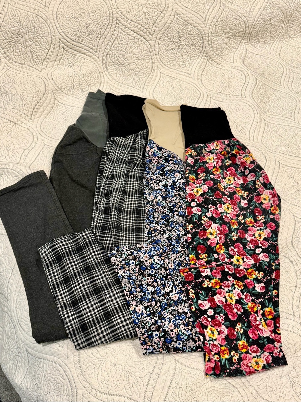 Set of Maternity Leggings - Floral, Plaid, Black & Gray